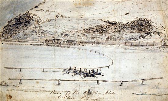 English School c.1850 Early view of Hong Kong racecource; Race for the Hong Kong plate, 6 x 9.75in., unframed